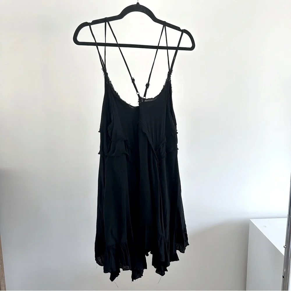 Black Flowy Layered Mini Dress Asymmetrical Hem Double Cross Back Straps Small - Picture 7 of 12
